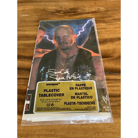 Vintage WWF Plastic Table cover Tablecloth Undertaker Steve Austin The Rock - Picture 8 of 13